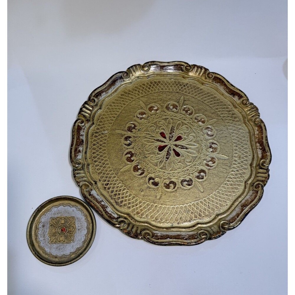Vtg Italian Gold Florentine Wood Serving Tray Red Blue Toleware 11" Hand painted - Picture 4 of 15